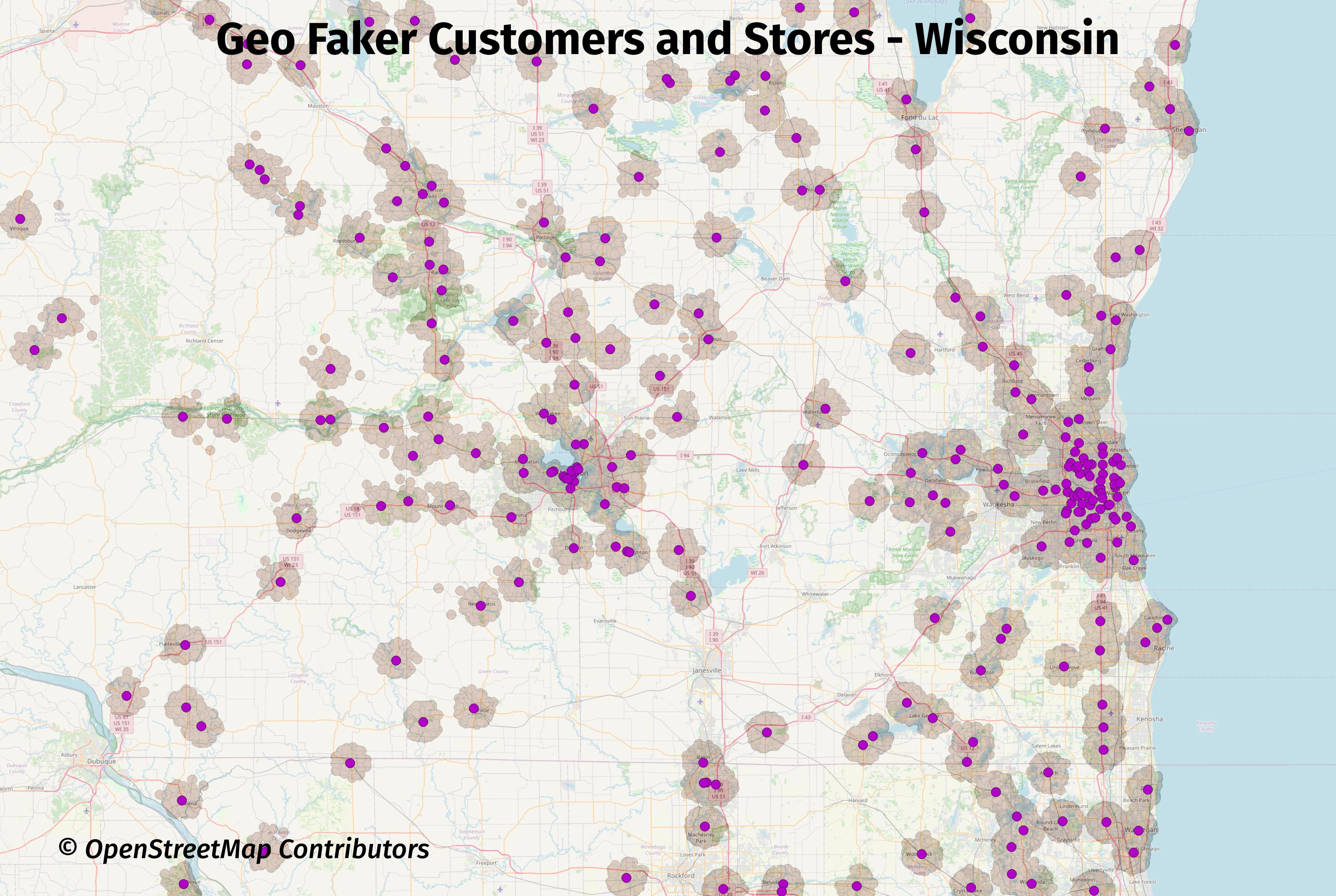 Map of Wisconsin in the U.S. with the title "Geo Faker Customers and Stores - Wisconsin".  Purple dots represent fake stores, light brown/gray dots represent fake customers.  Fake customers are placed within roughly 5 kilometers of their associated store. Copyright OpenStreetMap Contributors