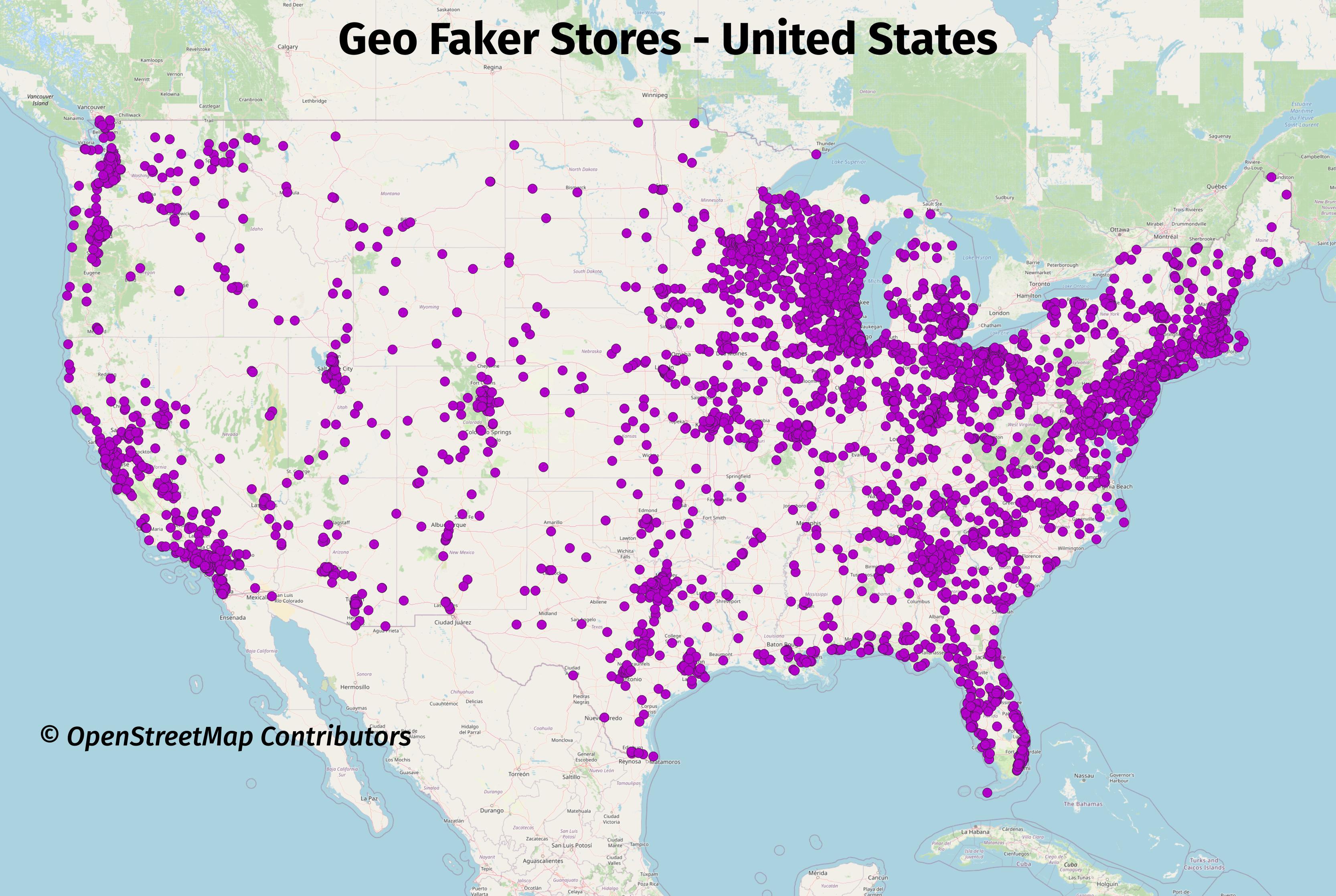 Map of United States (lower 48) with the title "Geo Faker Stores - United States".  Purple dots representing fake stores are indicated across the entire country.  Copyright OpenStreetMap Contributors
