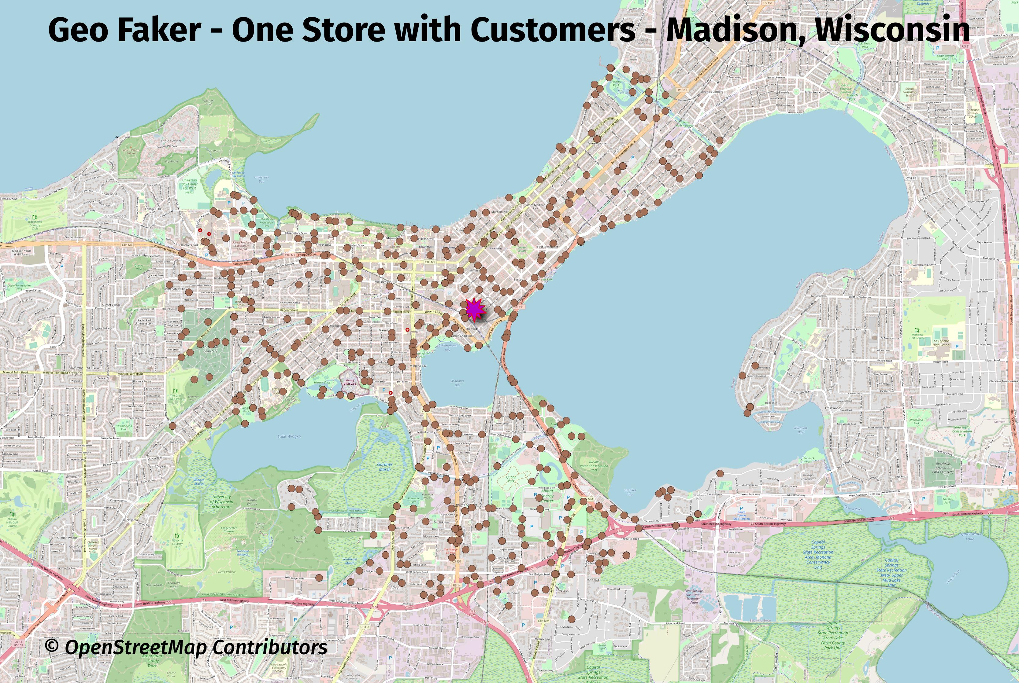 Map of Wisconsin in the U.S. with the title "Geo Faker - One Store with Customers - Madison, Wisconsin".  One purple dots representing a single fake store surrounded by brown dots representing fake customers.  Fake customers are placed within roughly 5 kilometers of their associated store. Copyright OpenStreetMap Contributors